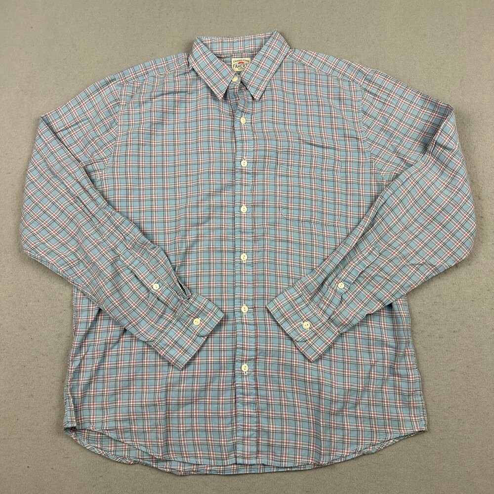 Faherty Shirt Men Large Blue Plaid Button Up Long Sleeve Pocket Cotton L